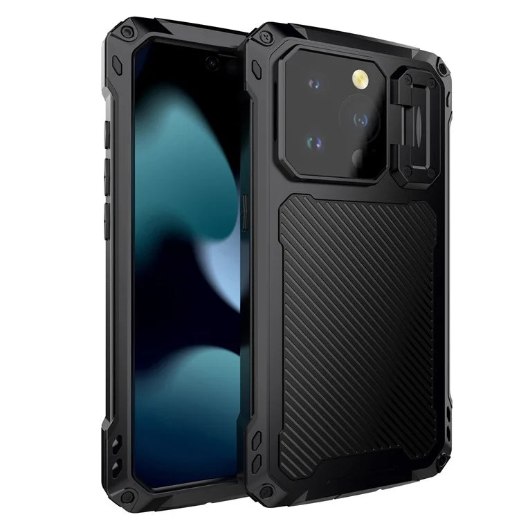 For iPhone 15 Pro Case Aluminum Alloy+Silicone Lens Kickstand Phone Cover with Tempered Glass Film