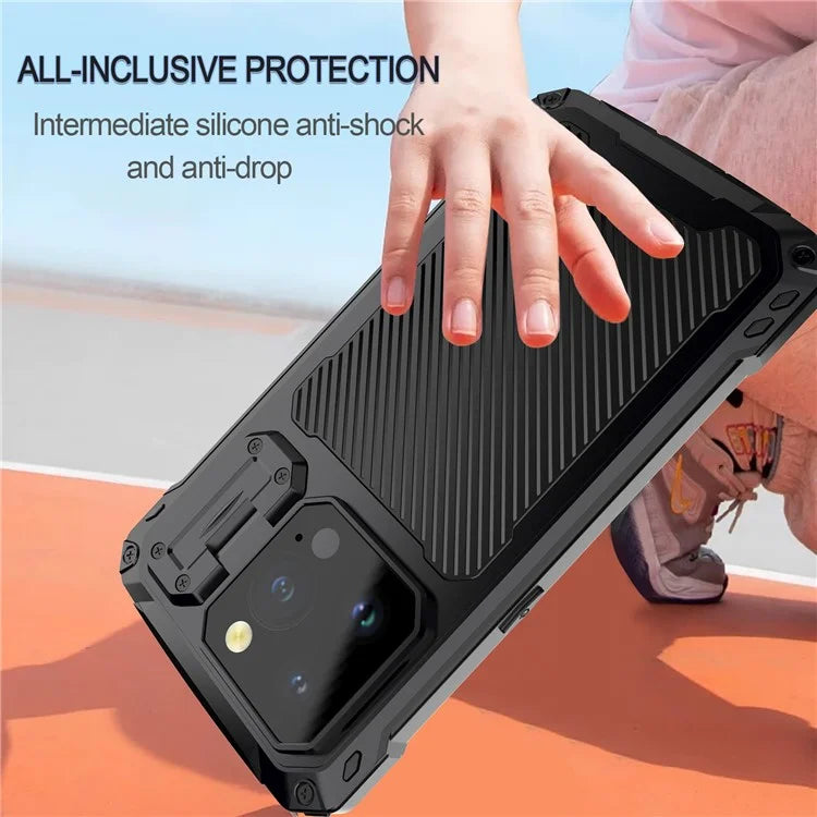 For iPhone 15 Pro Case Aluminum Alloy+Silicone Lens Kickstand Phone Cover with Tempered Glass Film