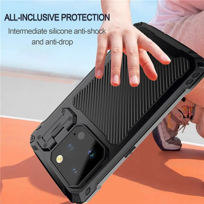For iPhone 15 Pro Case Aluminum Alloy+Silicone Lens Kickstand Phone Cover with Tempered Glass Film