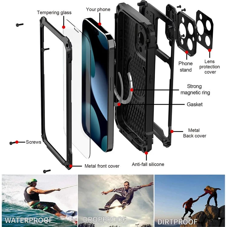For iPhone 15 Pro Case Aluminum Alloy+Silicone Lens Kickstand Phone Cover with Tempered Glass Film