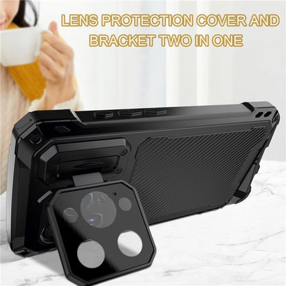 For iPhone 15 Pro Case Aluminum Alloy+Silicone Lens Kickstand Phone Cover with Tempered Glass Film