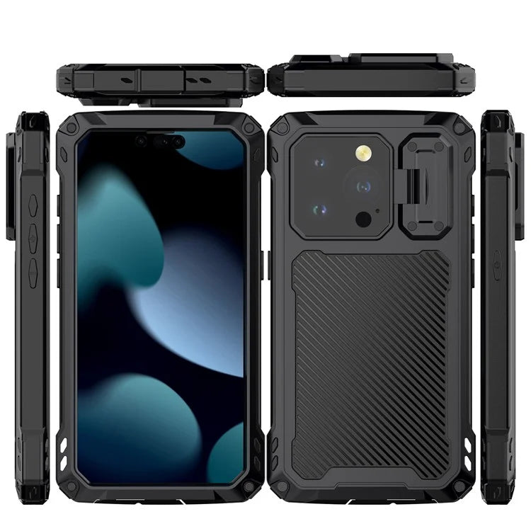 For iPhone 15 Pro Case Aluminum Alloy+Silicone Lens Kickstand Phone Cover with Tempered Glass Film