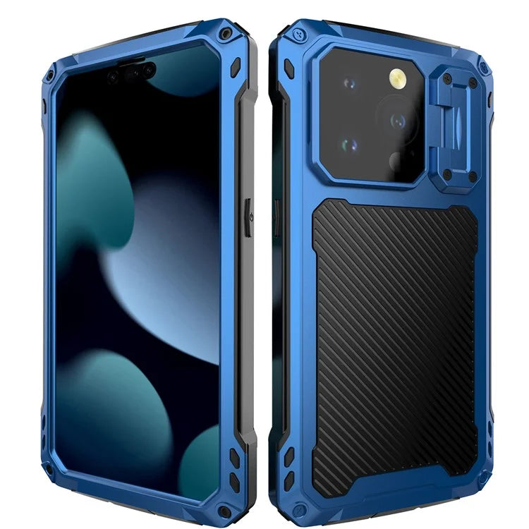 For iPhone 15 Pro Case Aluminum Alloy+Silicone Lens Kickstand Phone Cover with Tempered Glass Film