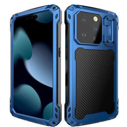 For iPhone 15 Pro Case Aluminum Alloy+Silicone Lens Kickstand Phone Cover with Tempered Glass Film