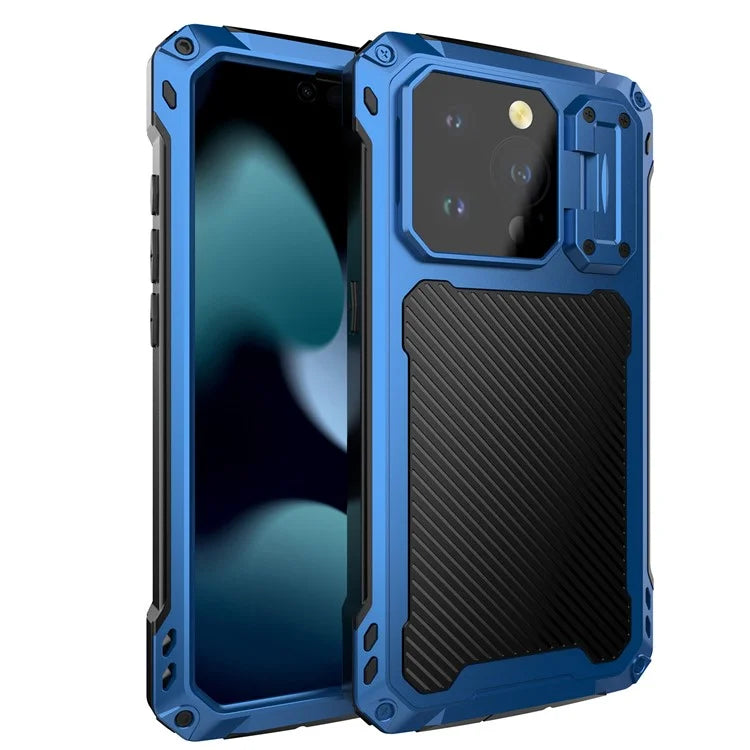 For iPhone 15 Pro Case Aluminum Alloy+Silicone Lens Kickstand Phone Cover with Tempered Glass Film
