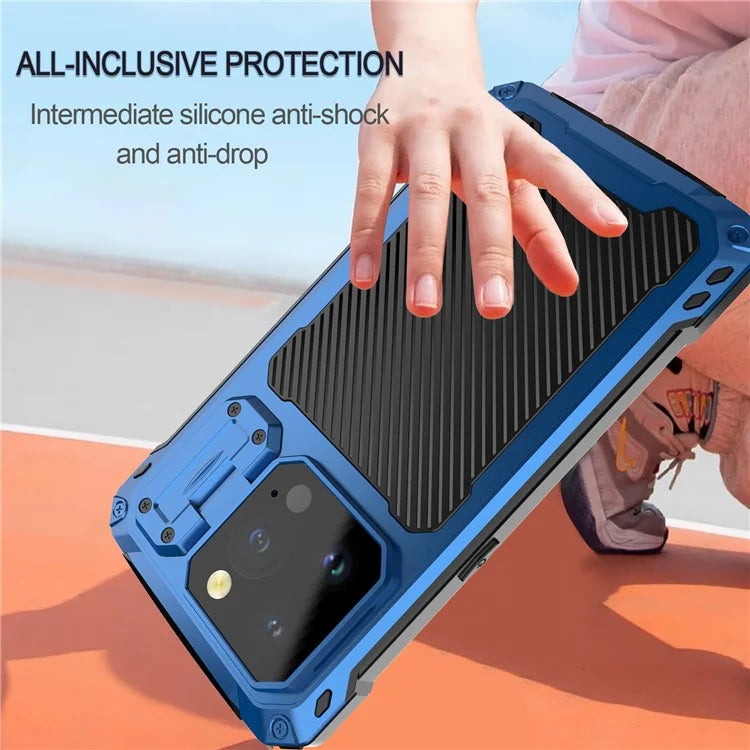 For iPhone 15 Pro Case Aluminum Alloy+Silicone Lens Kickstand Phone Cover with Tempered Glass Film