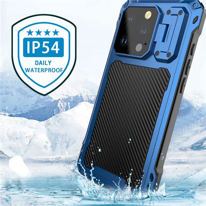 For iPhone 15 Pro Case Aluminum Alloy+Silicone Lens Kickstand Phone Cover with Tempered Glass Film