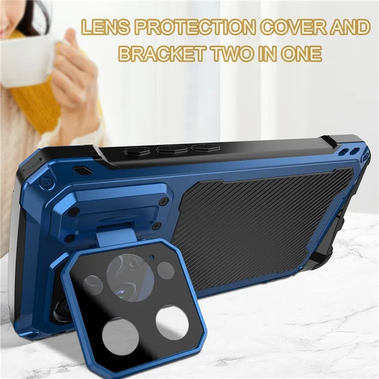 For iPhone 15 Pro Case Aluminum Alloy+Silicone Lens Kickstand Phone Cover with Tempered Glass Film