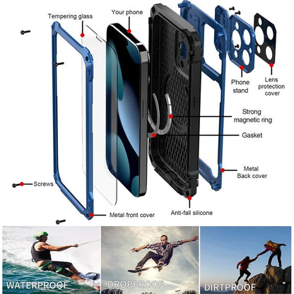 For iPhone 15 Pro Case Aluminum Alloy+Silicone Lens Kickstand Phone Cover with Tempered Glass Film