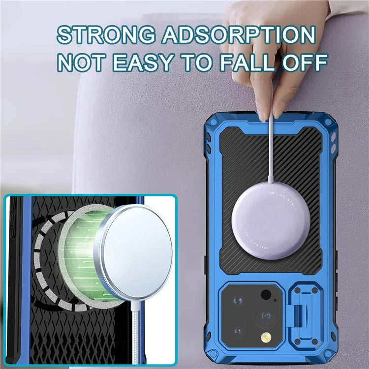 For iPhone 15 Pro Case Aluminum Alloy+Silicone Lens Kickstand Phone Cover with Tempered Glass Film