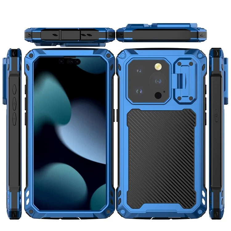 For iPhone 15 Pro Case Aluminum Alloy+Silicone Lens Kickstand Phone Cover with Tempered Glass Film