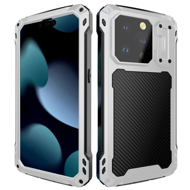 For iPhone 15 Pro Case Aluminum Alloy+Silicone Lens Kickstand Phone Cover with Tempered Glass Film