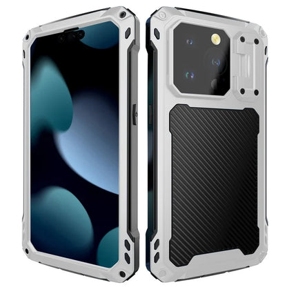 For iPhone 15 Pro Case Aluminum Alloy+Silicone Lens Kickstand Phone Cover with Tempered Glass Film