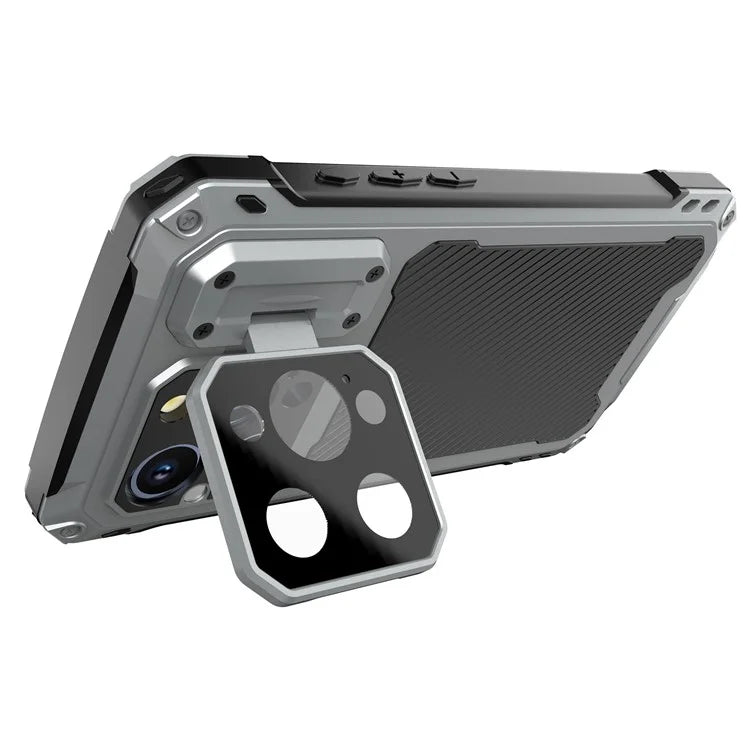 For iPhone 15 Pro Case Aluminum Alloy+Silicone Lens Kickstand Phone Cover with Tempered Glass Film