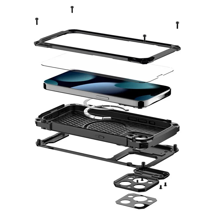 For iPhone 15 Pro Case Aluminum Alloy+Silicone Lens Kickstand Phone Cover with Tempered Glass Film