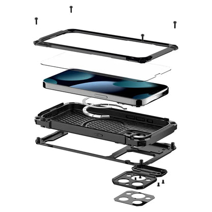 For iPhone 15 Pro Case Aluminum Alloy+Silicone Lens Kickstand Phone Cover with Tempered Glass Film