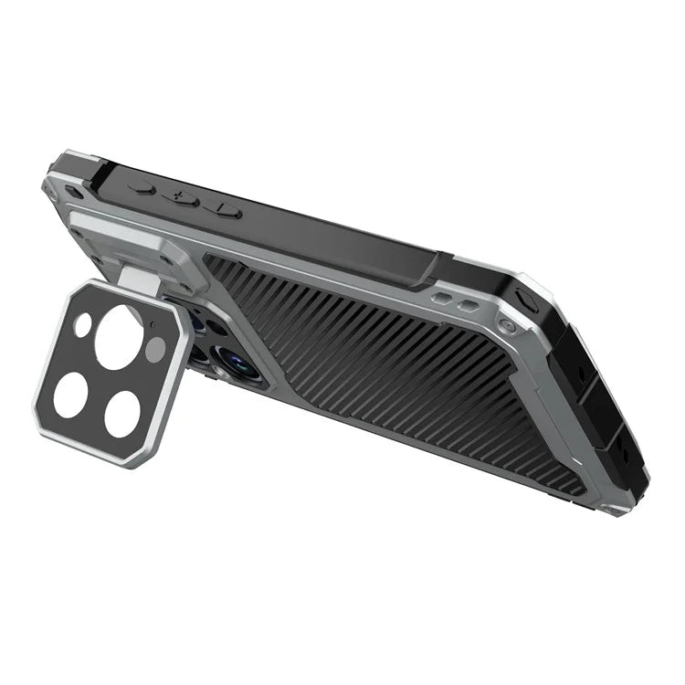 For iPhone 15 Pro Case Aluminum Alloy+Silicone Lens Kickstand Phone Cover with Tempered Glass Film