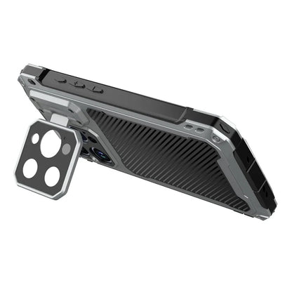 For iPhone 15 Pro Case Aluminum Alloy+Silicone Lens Kickstand Phone Cover with Tempered Glass Film