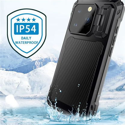 For iPhone 15 Pro Case Aluminum Alloy+Silicone Lens Kickstand Phone Cover with Tempered Glass Film