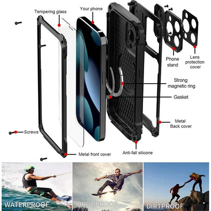 For iPhone 15 Pro Case Aluminum Alloy+Silicone Lens Kickstand Phone Cover with Tempered Glass Film