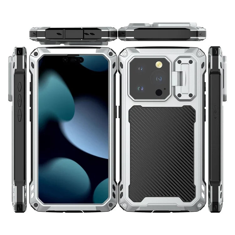 For iPhone 15 Pro Case Aluminum Alloy+Silicone Lens Kickstand Phone Cover with Tempered Glass Film