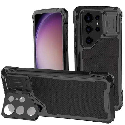 For Samsung Galaxy S23 Ultra Case Aluminum Alloy+Silicone Lens Kickstand Phone Cover with PET Screen Film