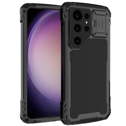 For Samsung Galaxy S23 Ultra Case Aluminum Alloy+Silicone Lens Kickstand Phone Cover with PET Screen Film