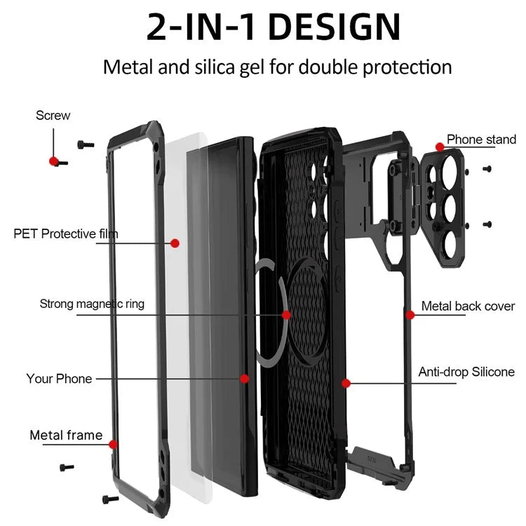 For Samsung Galaxy S23 Ultra Case Aluminum Alloy+Silicone Lens Kickstand Phone Cover with PET Screen Film