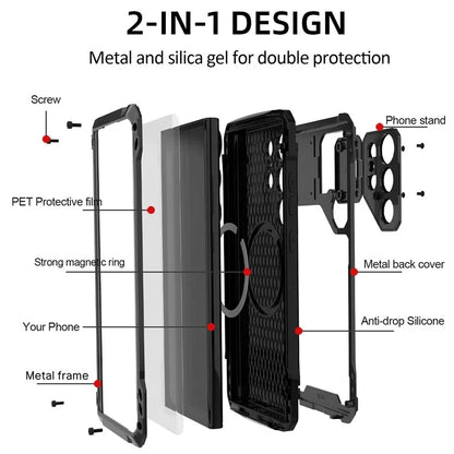 For Samsung Galaxy S23 Ultra Case Aluminum Alloy+Silicone Lens Kickstand Phone Cover with PET Screen Film