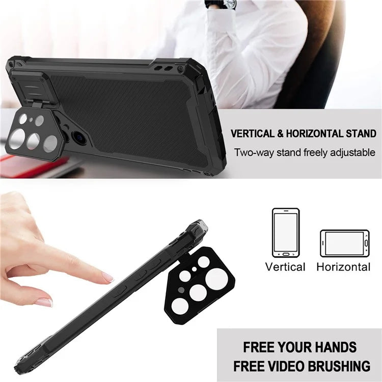 For Samsung Galaxy S23 Ultra Case Aluminum Alloy+Silicone Lens Kickstand Phone Cover with PET Screen Film