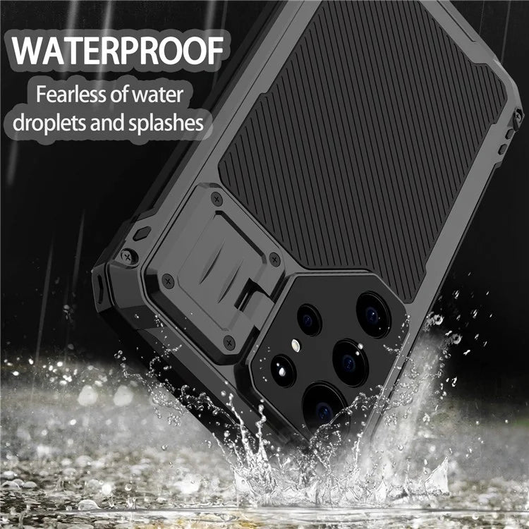 For Samsung Galaxy S23 Ultra Case Aluminum Alloy+Silicone Lens Kickstand Phone Cover with PET Screen Film