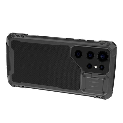 For Samsung Galaxy S23 Ultra Case Aluminum Alloy+Silicone Lens Kickstand Phone Cover with PET Screen Film