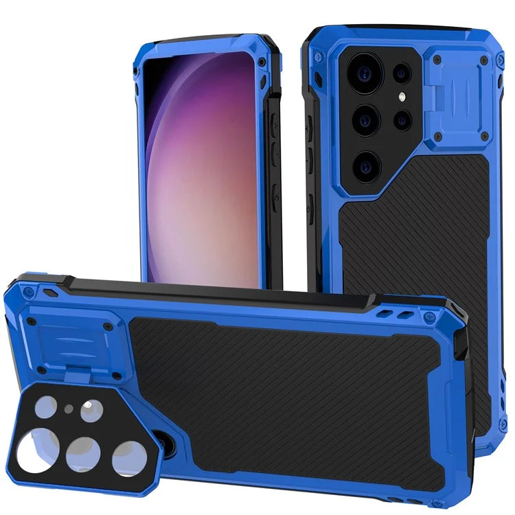 For Samsung Galaxy S23 Ultra Case Aluminum Alloy+Silicone Lens Kickstand Phone Cover with PET Screen Film