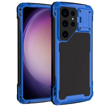 For Samsung Galaxy S23 Ultra Case Aluminum Alloy+Silicone Lens Kickstand Phone Cover with PET Screen Film