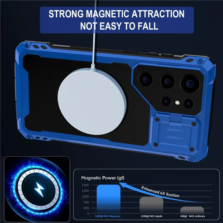 For Samsung Galaxy S23 Ultra Case Aluminum Alloy+Silicone Lens Kickstand Phone Cover with PET Screen Film