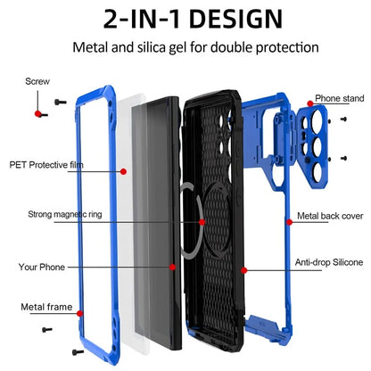 For Samsung Galaxy S23 Ultra Case Aluminum Alloy+Silicone Lens Kickstand Phone Cover with PET Screen Film