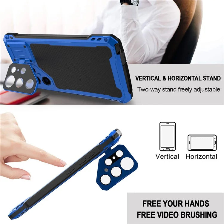For Samsung Galaxy S23 Ultra Case Aluminum Alloy+Silicone Lens Kickstand Phone Cover with PET Screen Film