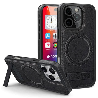 For iPhone 16 Pro Max Magnetic Case Leather Kickstand Phone Cover Compatible with MagSafe