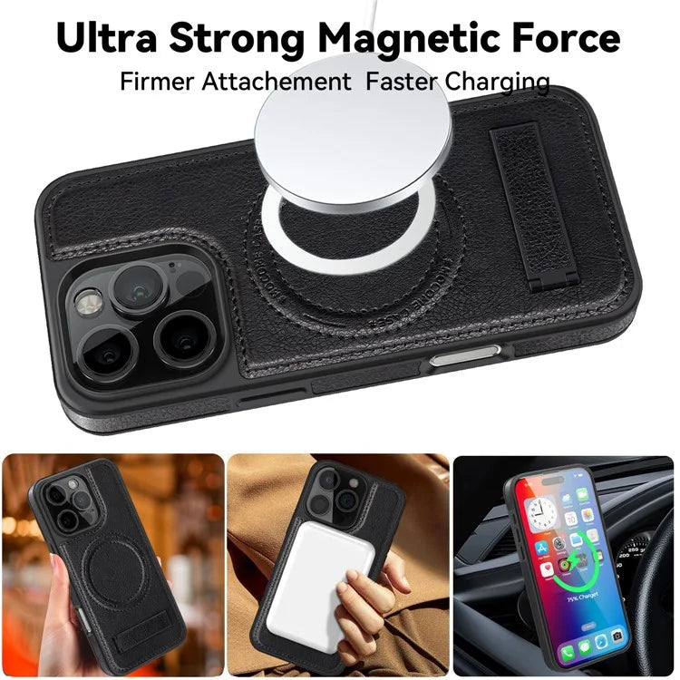 For iPhone 16 Pro Max Magnetic Case Leather Kickstand Phone Cover Compatible with MagSafe