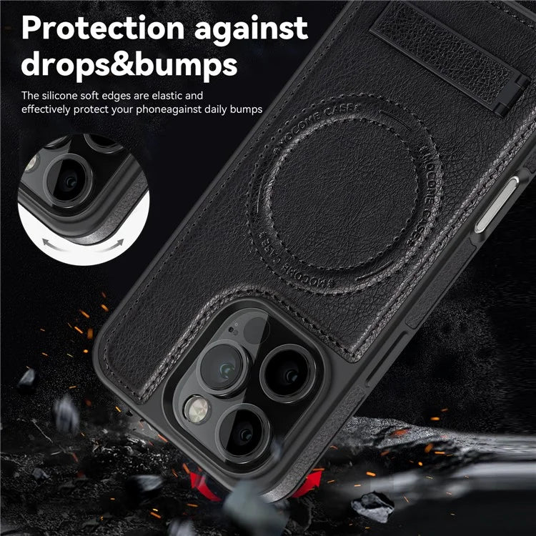 For iPhone 16 Pro Max Magnetic Case Leather Kickstand Phone Cover Compatible with MagSafe