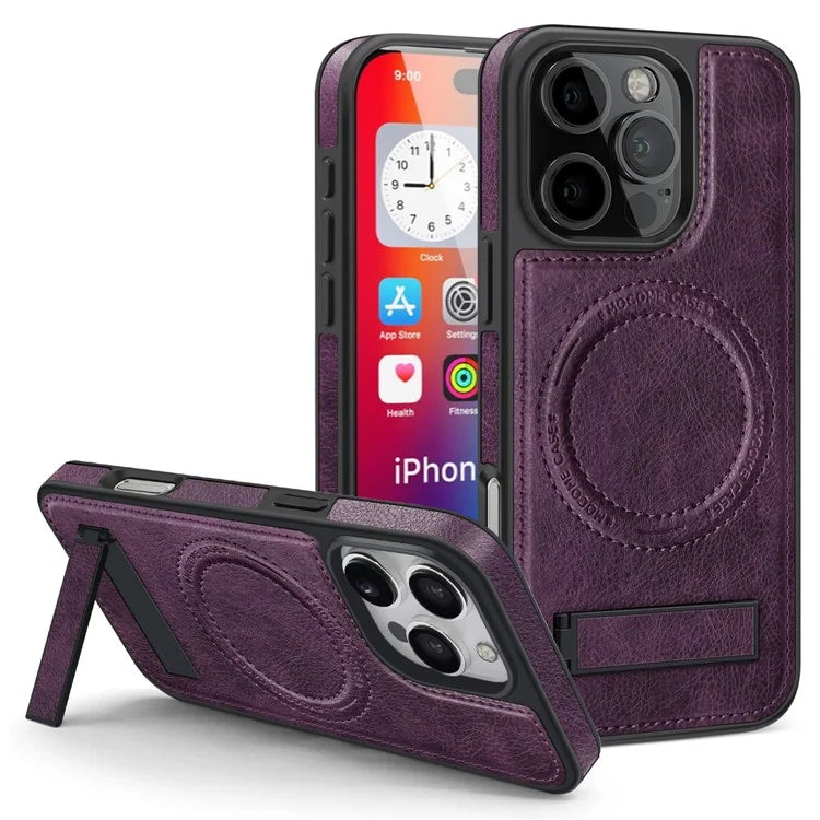 For iPhone 16 Pro Max Magnetic Case Leather Kickstand Phone Cover Compatible with MagSafe