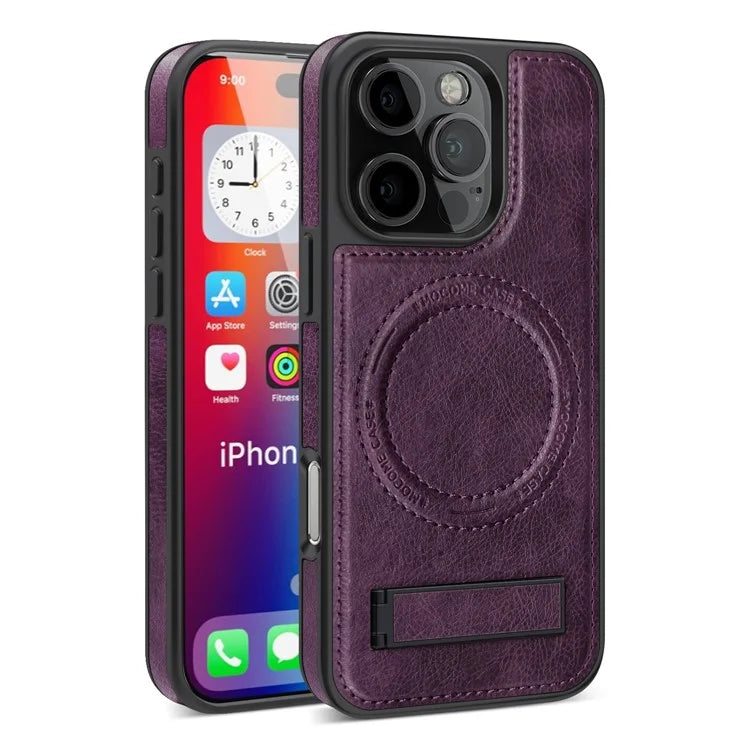For iPhone 16 Pro Max Magnetic Case Leather Kickstand Phone Cover Compatible with MagSafe