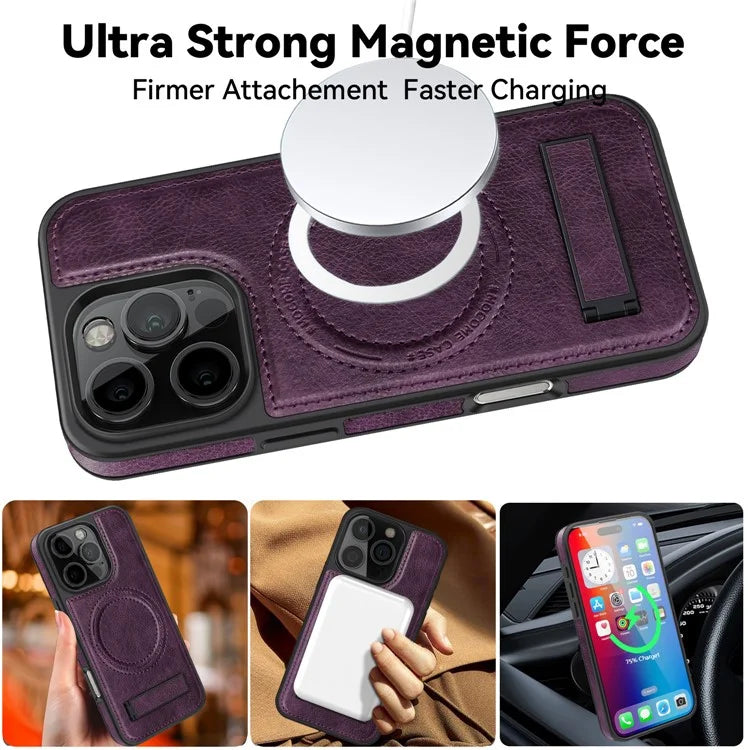 For iPhone 16 Pro Max Magnetic Case Leather Kickstand Phone Cover Compatible with MagSafe