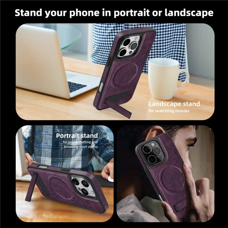 For iPhone 16 Pro Max Magnetic Case Leather Kickstand Phone Cover Compatible with MagSafe