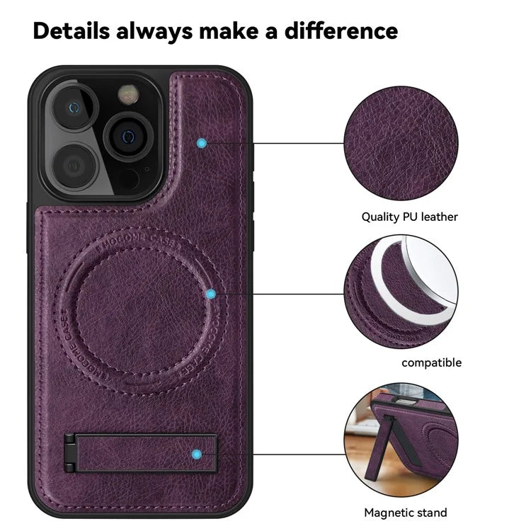 For iPhone 16 Pro Max Magnetic Case Leather Kickstand Phone Cover Compatible with MagSafe