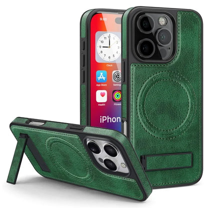 For iPhone 16 Pro Max Magnetic Case Leather Kickstand Phone Cover Compatible with MagSafe