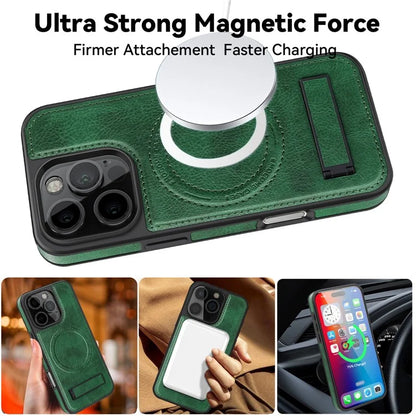For iPhone 16 Pro Max Magnetic Case Leather Kickstand Phone Cover Compatible with MagSafe