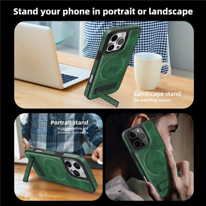 For iPhone 16 Pro Max Magnetic Case Leather Kickstand Phone Cover Compatible with MagSafe