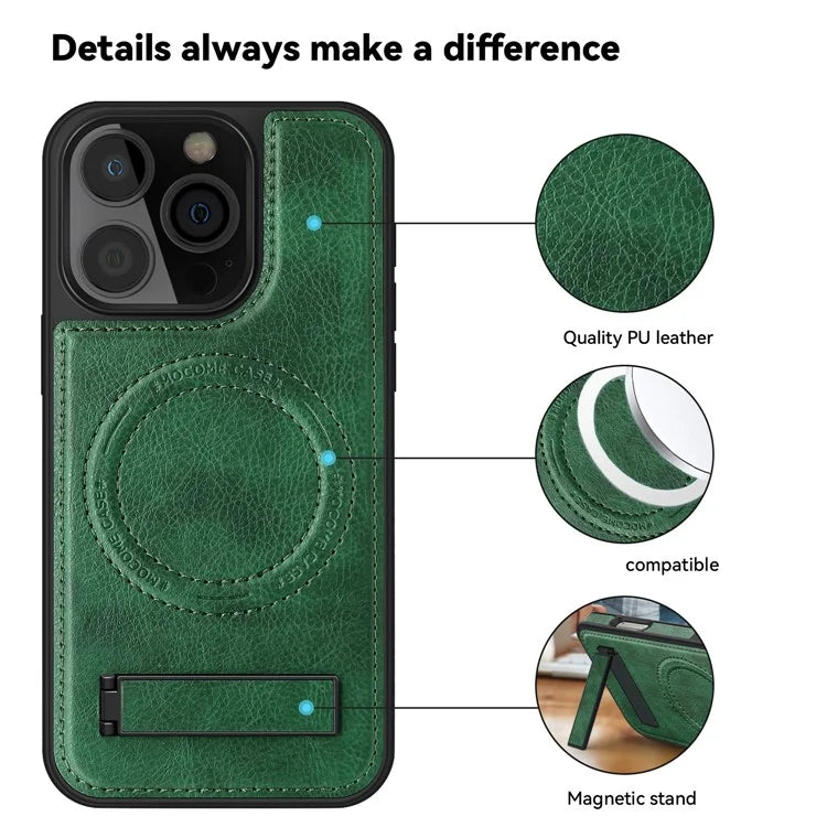 For iPhone 16 Pro Max Magnetic Case Leather Kickstand Phone Cover Compatible with MagSafe