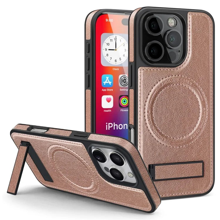 For iPhone 16 Pro Max Magnetic Case Leather Kickstand Phone Cover Compatible with MagSafe